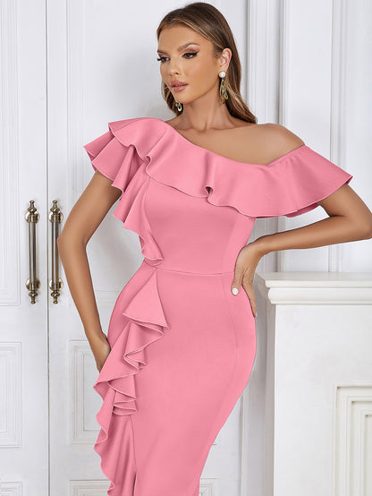 Off Shoulder Ruffle Midi Dress  HV9649