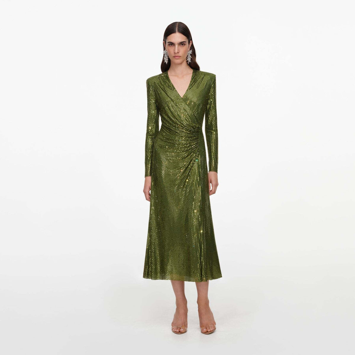 Long Sleeve Embellished A Line Midi Dress Green HV2836