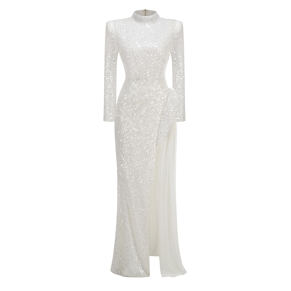 Long Sleeve Sequin Pearl Backless Maxi Dress White