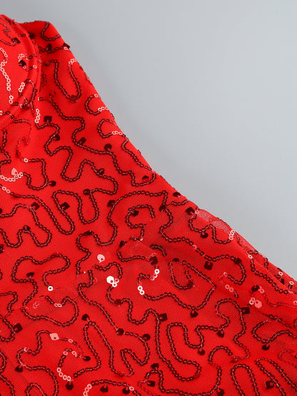 Bustier Sequin Ruffle Maxi Dress Red
