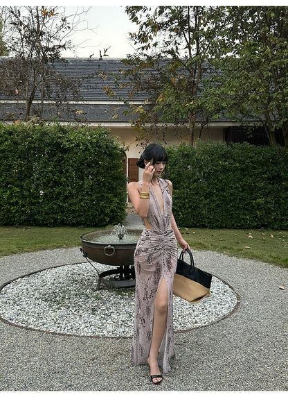 Floral Plunge V Neck Maxi Dress Pink HV2967