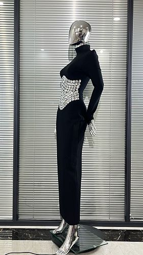 Long Sleeve Crystal Waist Maxi Dress Black HV3046