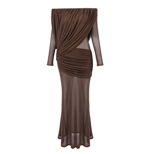 Long Sleeve Draped Bardot Maxi Dress Brown HV0066