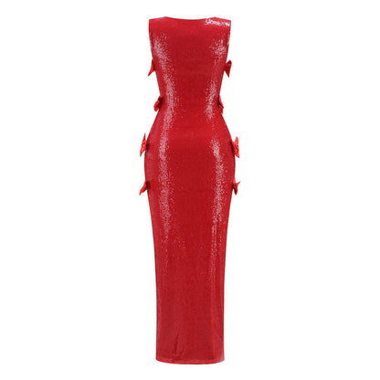 Bow Detail Sequin Maxi Dress สีแดง HV2827