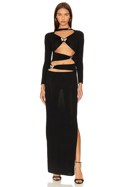 Long Sleeve Butterfly Cut Out Maxi Dress Black HV1067