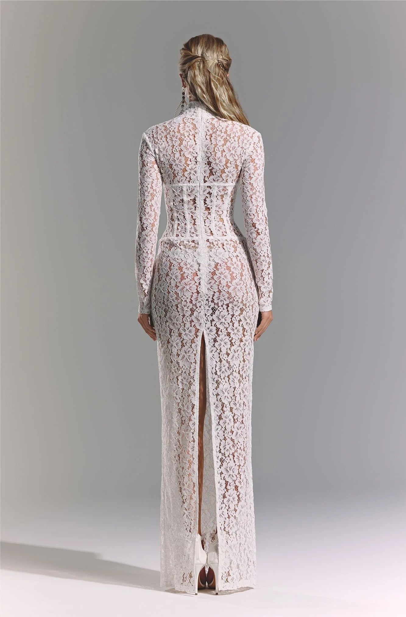 Long Sleeve Structured Lace Maxi Dress White HV2657