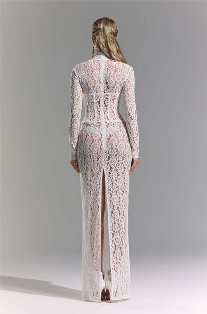 Long Sleeve Structured Lace Maxi Dress White HV2657