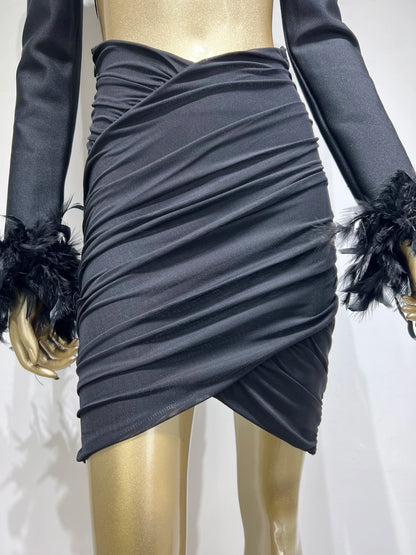 Long Sleeve Feather Draped Two Piece Dress HV9228