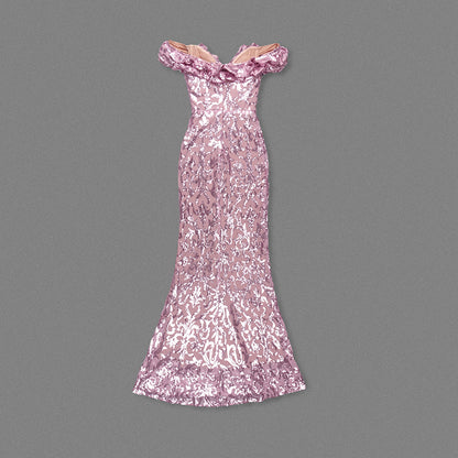 Ruffle Bardot Crystal Sequin Maxi Dress Pink HV1601