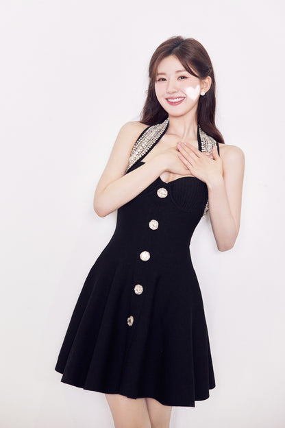 Halter Crystal Bustier A Line Dress Black HV1180