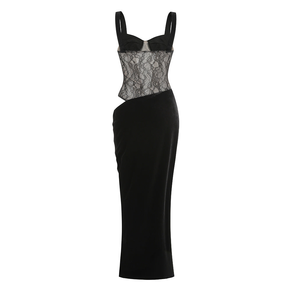 Lace Bustier Draped Maxi Velvet Dress Black HV2918