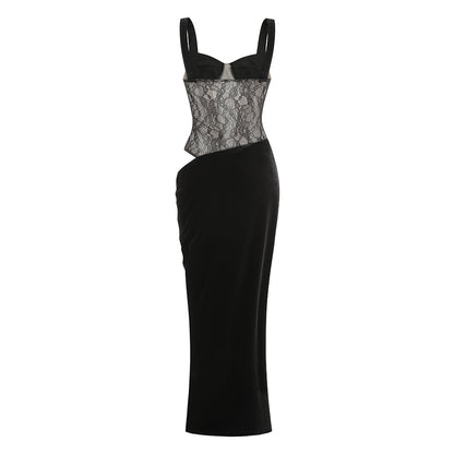 Lace Bustier Draped Maxi Velvet Dress Black HV2918