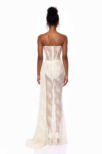 Strapless Draped Lace Bustier Maxi Dress Ivory HV3230