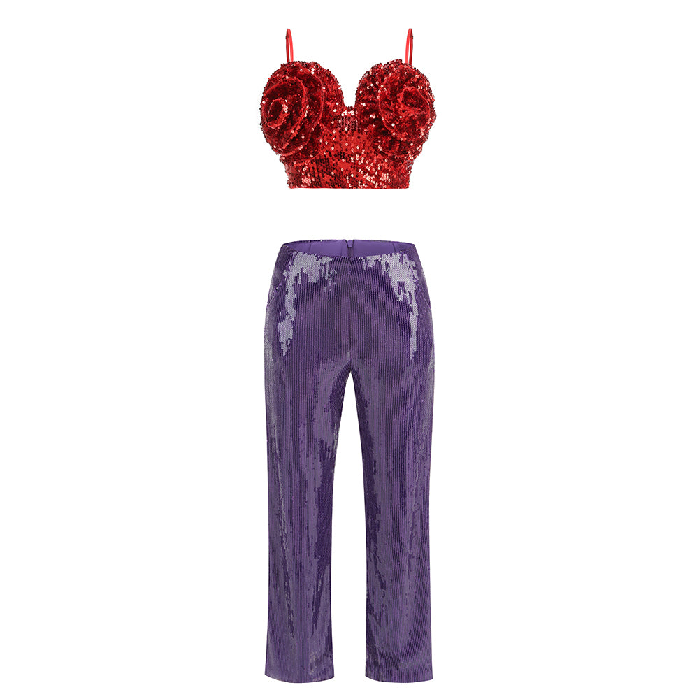 Floral Sequin Corset Two Piece Set Red Purple HV1564