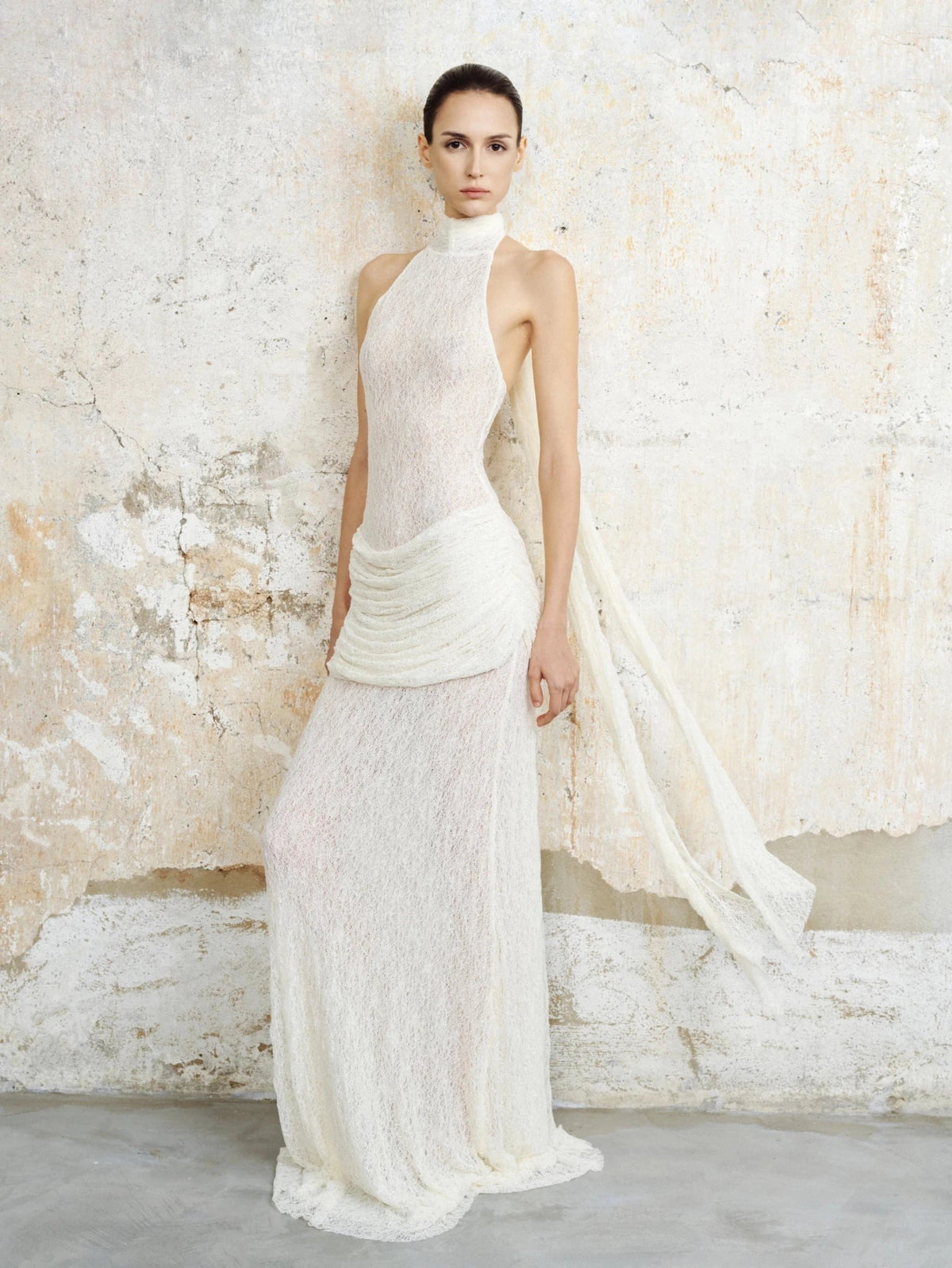 Halter Draped Lace Maxi Dress White HV0167