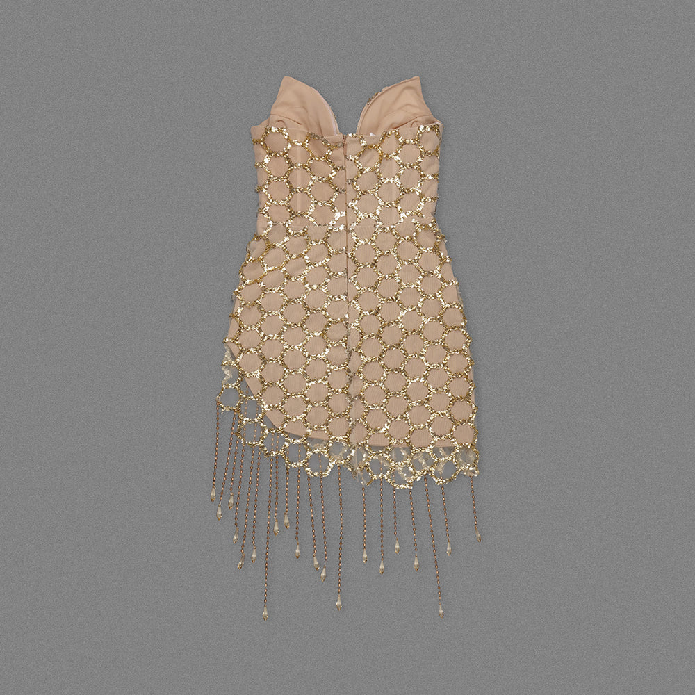 Strapless Crystal Tassel Dress Gold HV1441