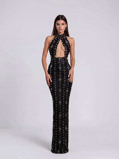 Halter Crystal Cut Out Maxi Dress HV3082