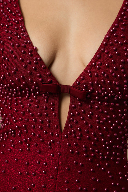 Embellished Plunge V Neck Maxi Dress Burgundy HV2788