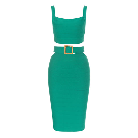 Belt Detail Two Piece Midi Dress Green HV9525