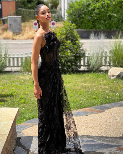 Strapless Floral Draped Lace Maxi Dress Black HV1140