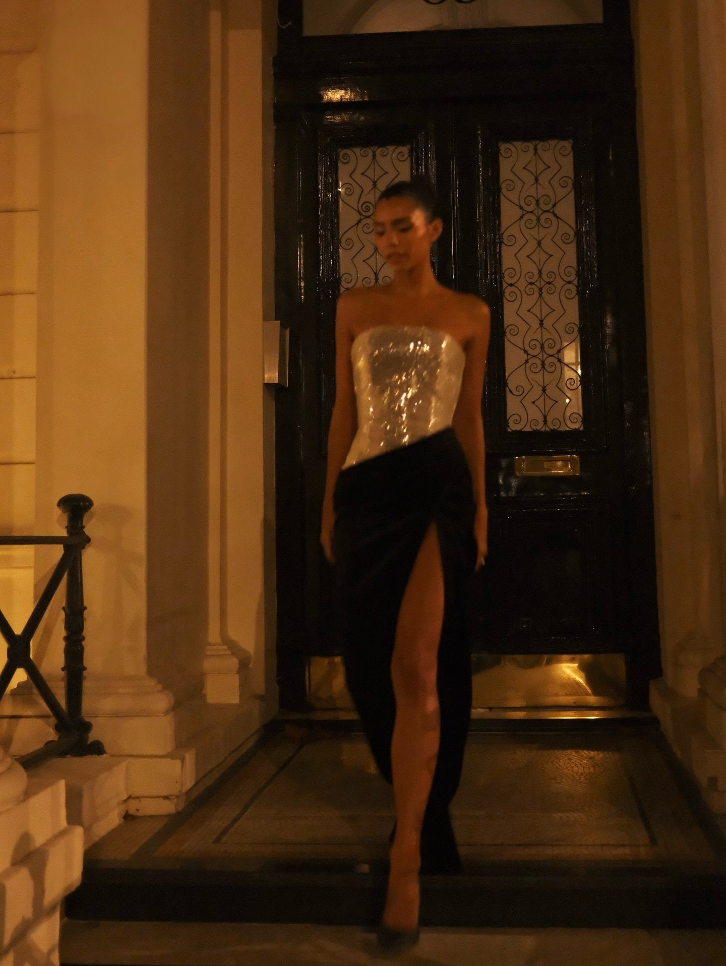 Strapless Sequin Velvet Maxi Dress Black Silver HV2736