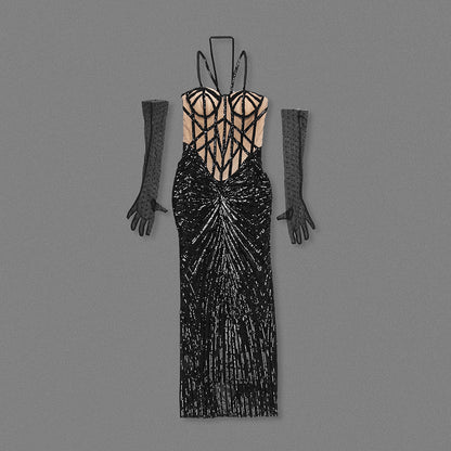 Halter Sequin Maxi Dress Black Nude HV2152