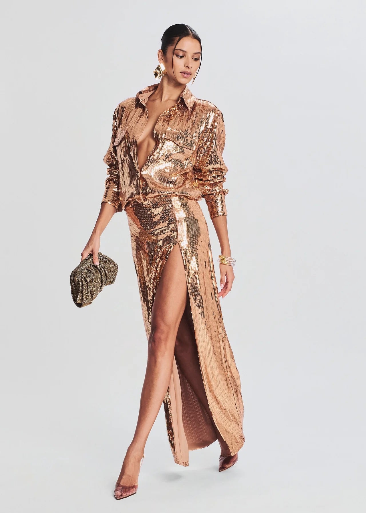 Long Sleeve Sequin Two Piece Midi Dress Gold HV9789