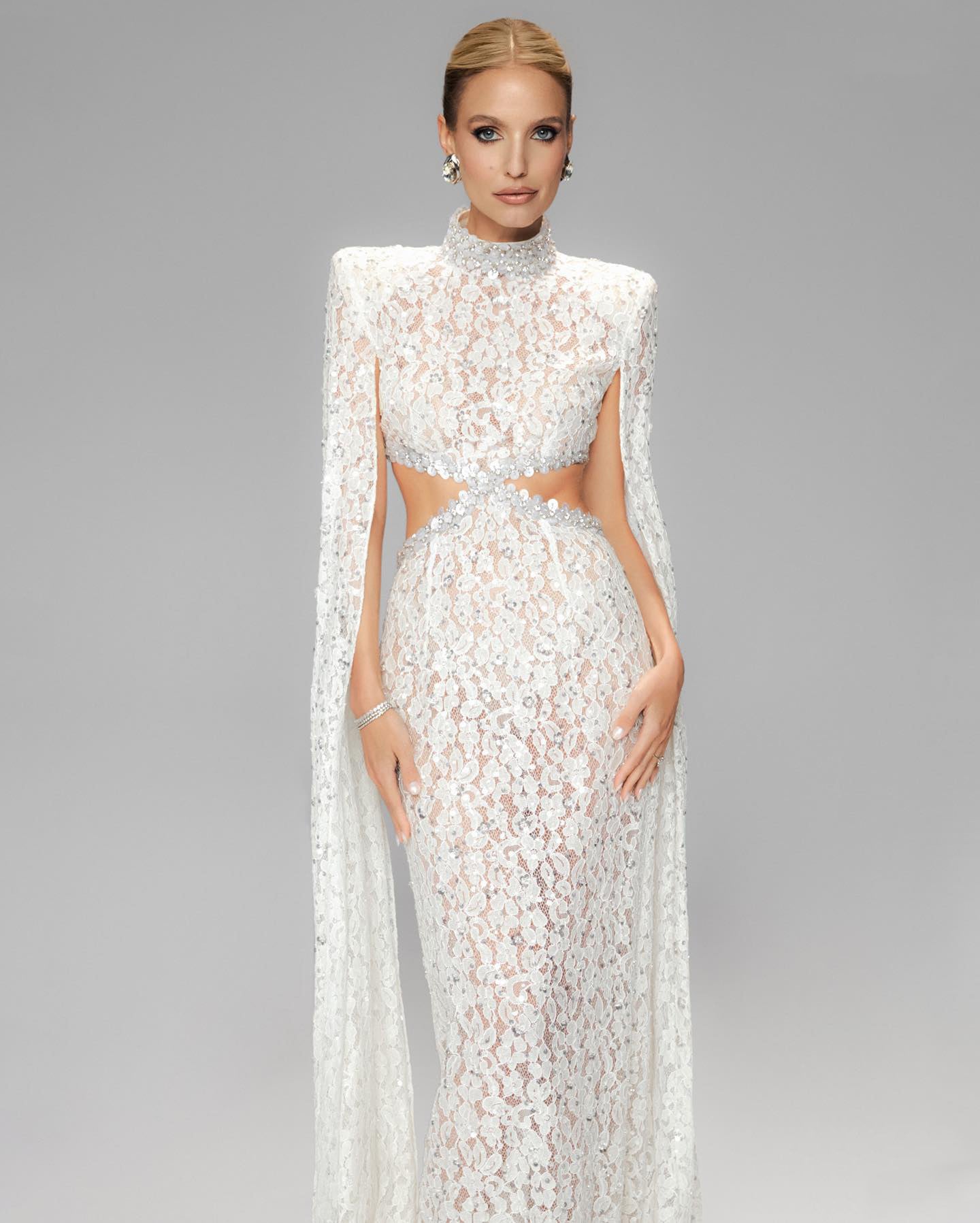 Cape Sleeve Crystal Lace Maxi Dress White HV0038