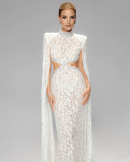 Cape Sleeve Crystal Lace Maxi Dress White HV0038