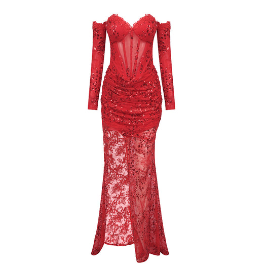 Long Sleeve Sequin Lace Corset Maxi Dress HV1149