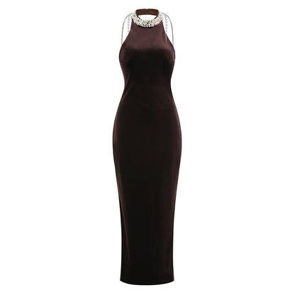 Halter Pearl Embellished Maxi Velvet Dress Brown HV2916