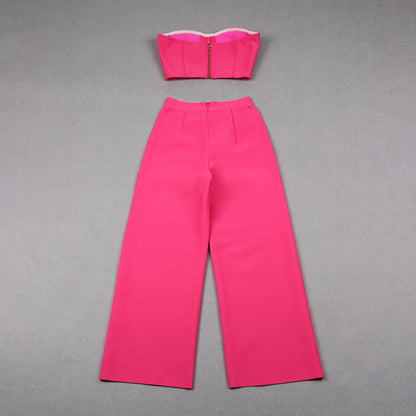 Strapless Crystal Bustier Two Piece Jumpsuit Hot Pink HV9772