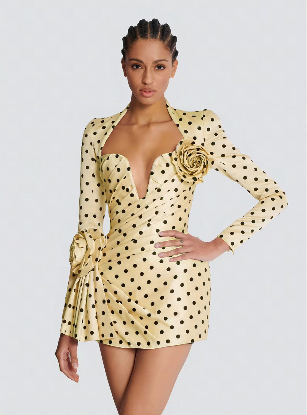 Long Sleeve Floral Polka Dot Dress Green HV1964