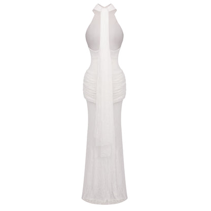 Halter Draped Lace Maxi Dress White HV0167