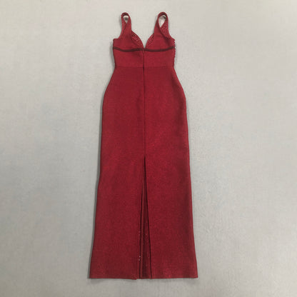 Embellished Plunge V Neck Maxi Dress Burgundy HV2788