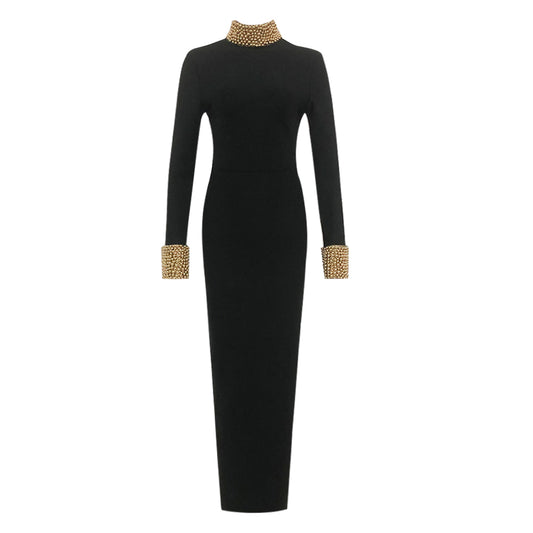 Long Sleeve Embellished Backless Maxi Dress Black HV1739