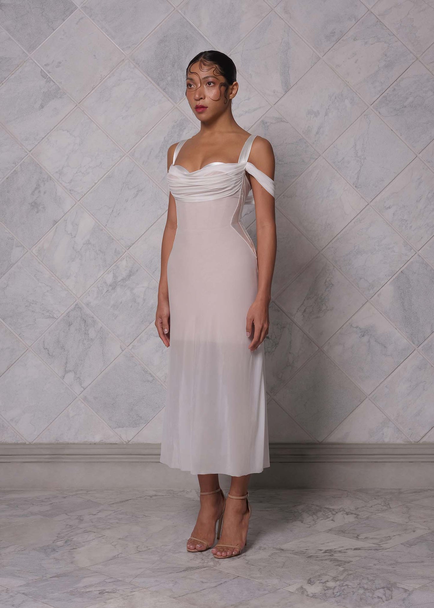 Draped Corset Midi Dress White Nude HV1900