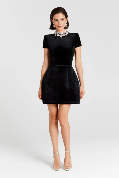 Short Sleeve Crystal Neckline Dress Black HV2724