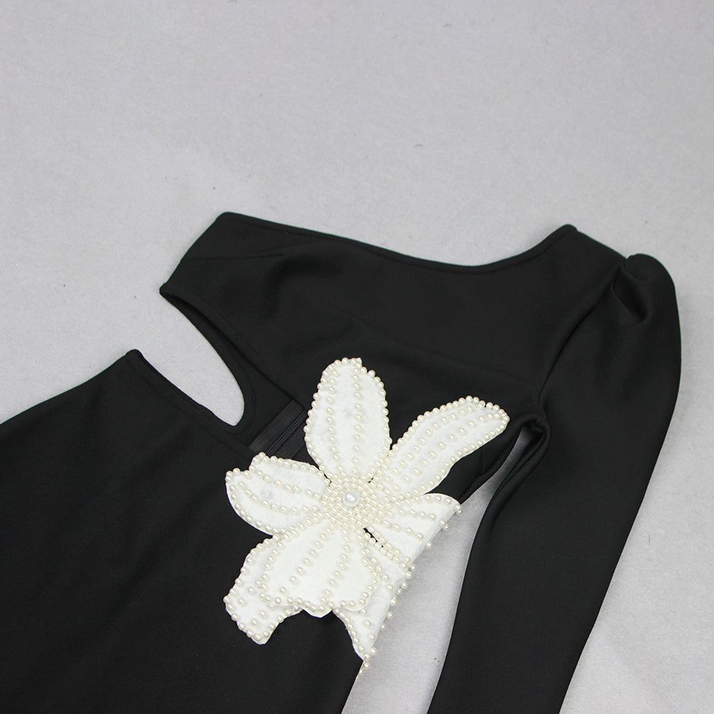 One Sleeve Pearl Flower Midi Dress Black HV9932