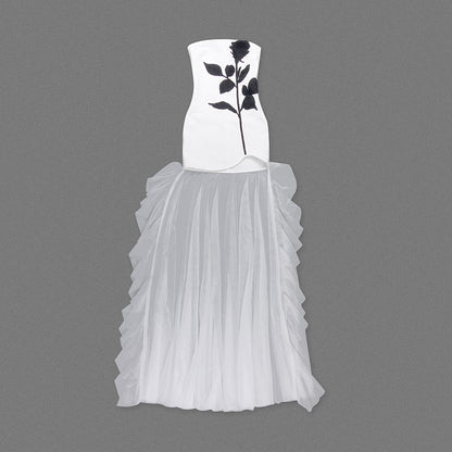 Strapless Floral Ruffle Mesh White Black  HV1499