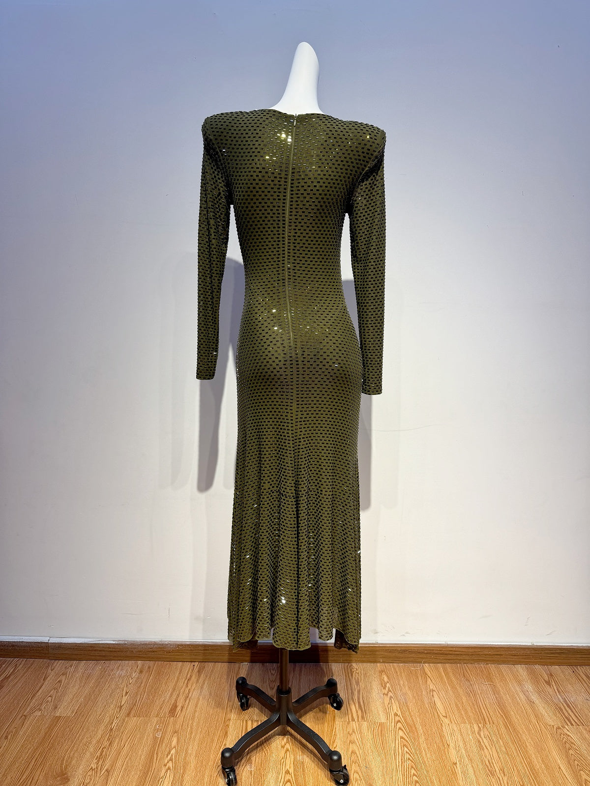 Long Sleeve Embellished A Line Midi Dress Green HV2836