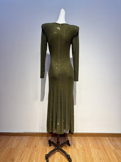 Long Sleeve Embellished A Line Midi Dress Green HV2836
