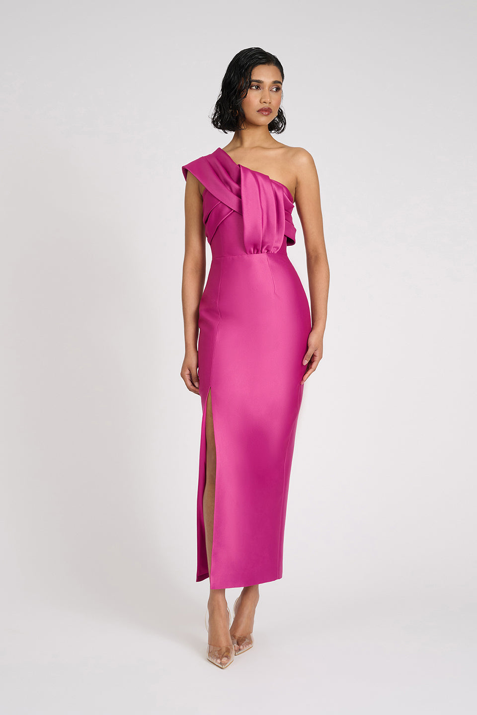One Shoulder Draped Midi Dress Hot Pink HV3004