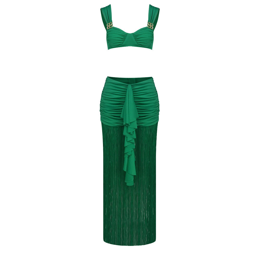 Draped Ruffle Tassel Two Piece Maxi Dress Green HV0001