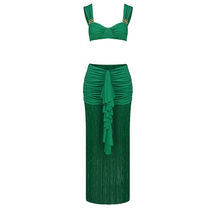 Draped Ruffle Tassel Two Piece Maxi Dress Green HV0001