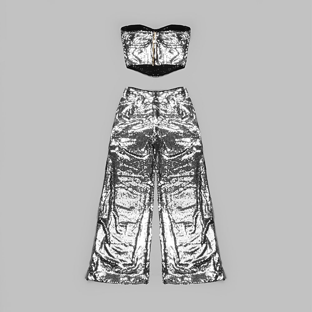 Strapless Bustier Two Piece Jumpsuit Silver