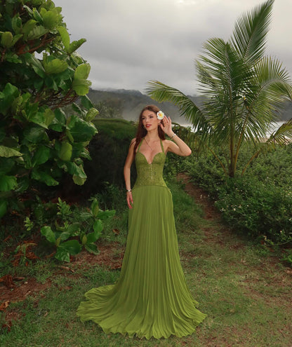 Halter Pleated Corset Maxi Dress Green HV0095