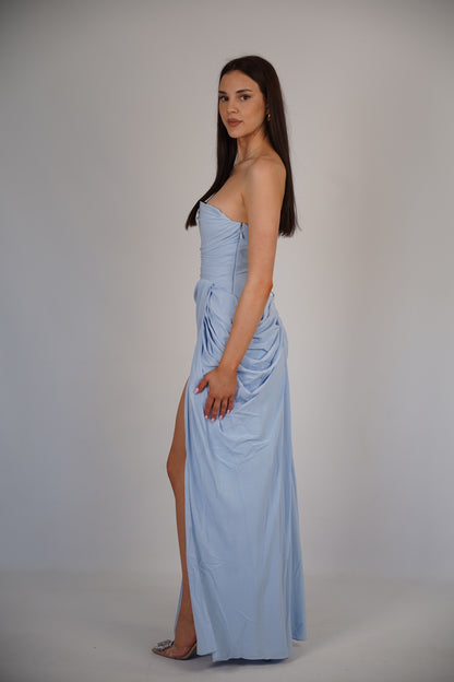 Strapless Draped Design Corset Maxi Dress Blue HV2964