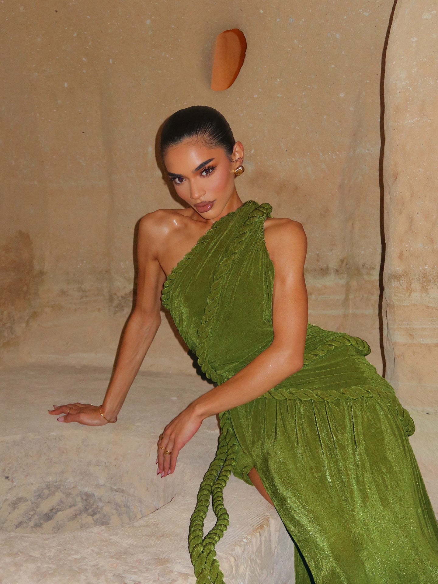 One Shoulder Maxi Velvet Dress Green HV2761