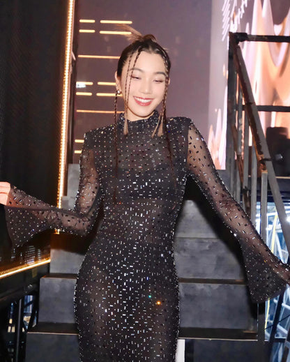 Long Sleeve Embellished Mermaid Dress Black HV1750